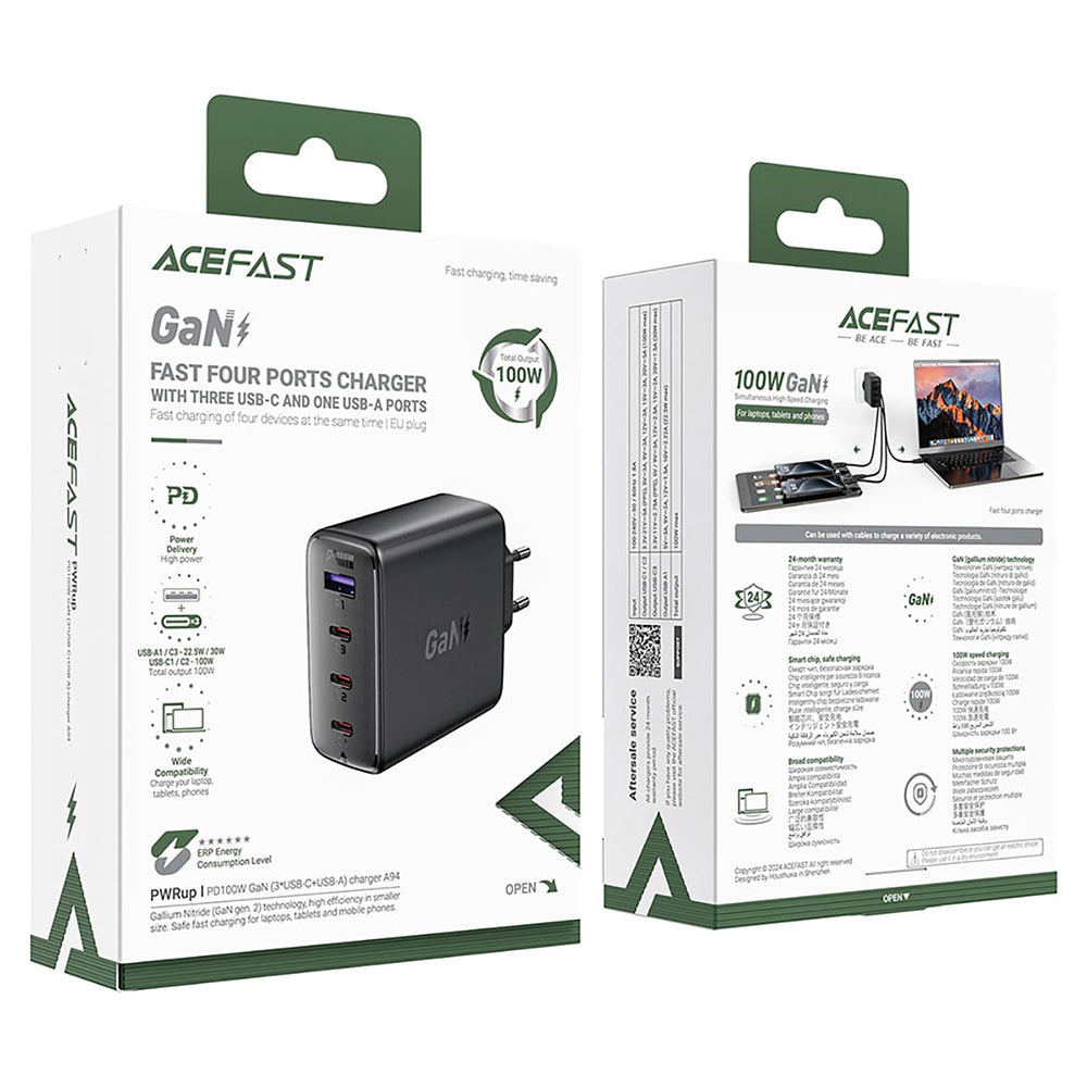 Netwerkoplader Acefast A94, 100W, 5A, 1 x USB-A - 3 x USB-C, Zwart