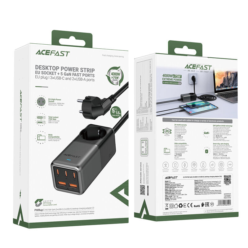 Acefast Z2 GaN Network Charger, 4000W, 5A, 1 x Schuko - 2 x USB-A - 3 x USB-C, Gray