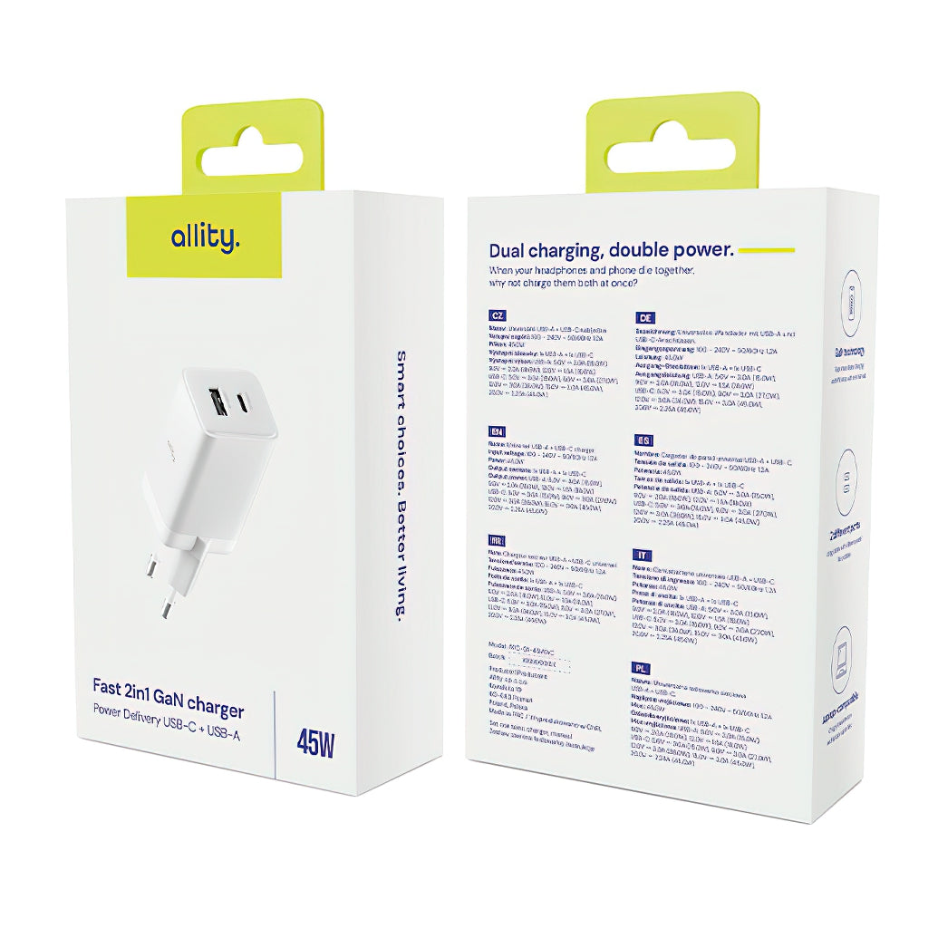Allity Netwerkoplader. ATC-01-45WCC Fast, 45W, 3A, 1 x USB-A - 1 x USB-C, Wit