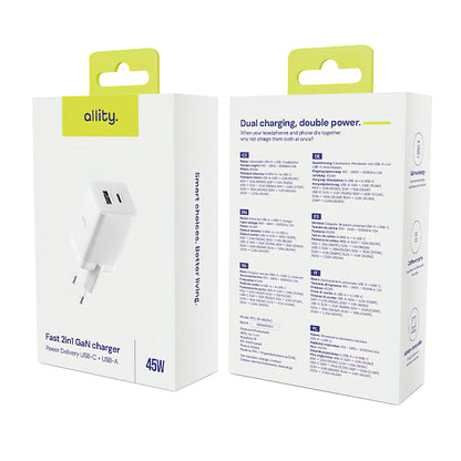 Allity Netwerkoplader. ATC-01-45WCC Fast, 45W, 3A, 1 x USB-A - 1 x USB-C, Wit