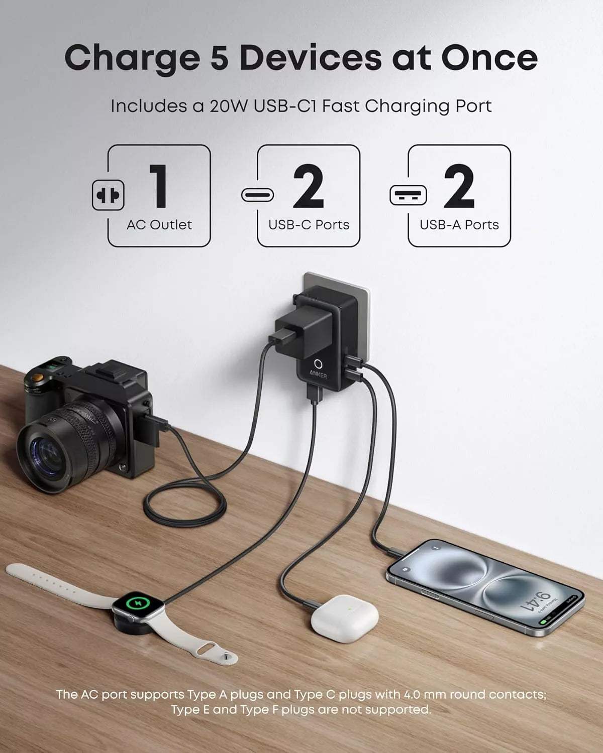 Anker Nano Travel Netwerkoplader, 20W, 3A, 2 x USB-A - 2 x USB-C, Zwart A9215H11