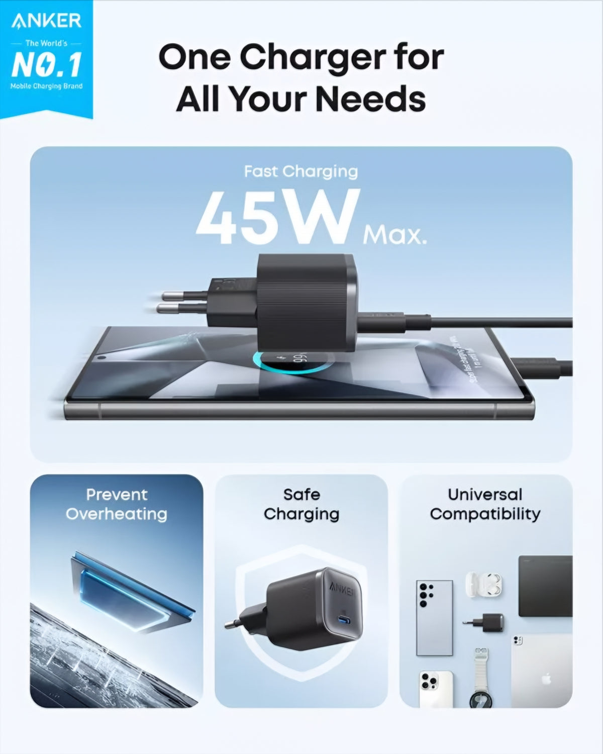 Anker Nano Netadapter, 45W, 3A, 1 x USB-C, Zwart A2692L11
