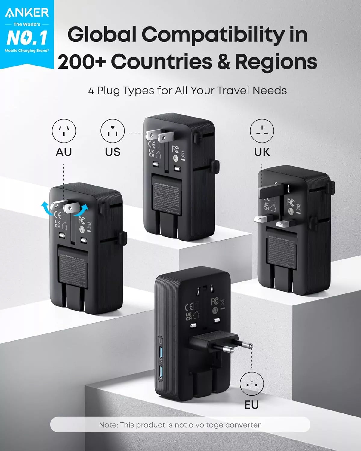 Anker Nano Travel Netwerkoplader, 20W, 3A, 2 x USB-A - 2 x USB-C, Zwart A9215H11