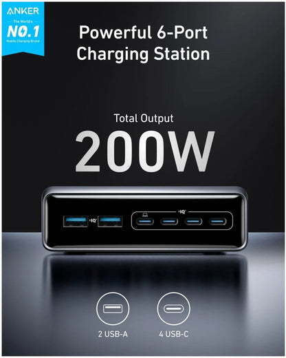 Anker Prime Power Adapter, 200W, 3A, 2 x USB-A - 4 x USB-C, Black A2683341