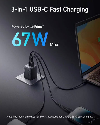 Anker Prime Netwerkoplader, 67W, 5A, 1 x USB-A - 2 x USB-C, Zwart A2669313 