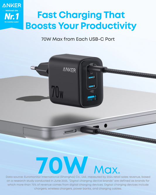 Anker Zolo Netlader, 70W, 1 x USB-A - 3 x USB-C, Zwart A121CG11