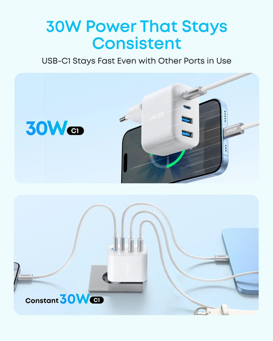 Anker Zolo Netlader, 50W, 3A, 2 x USB-A - 2 x USB-C, Wit