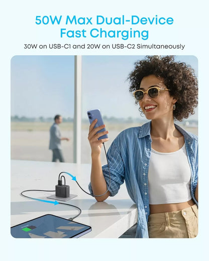 Anker Zolo Netlader, 50W, 3A, 2 x USB-A - 2 x USB-C, Zwart A121EG11