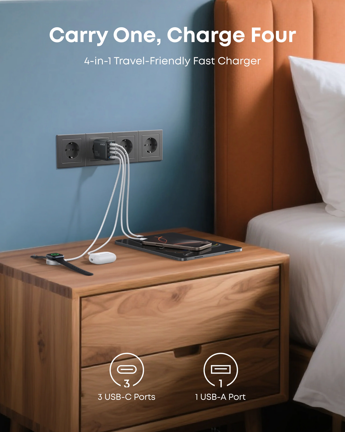 Anker Zolo Netwerkoplader, 70W, 3.5A, 1 x USB-A - 3 x USB-C, Zwart A121CG11
