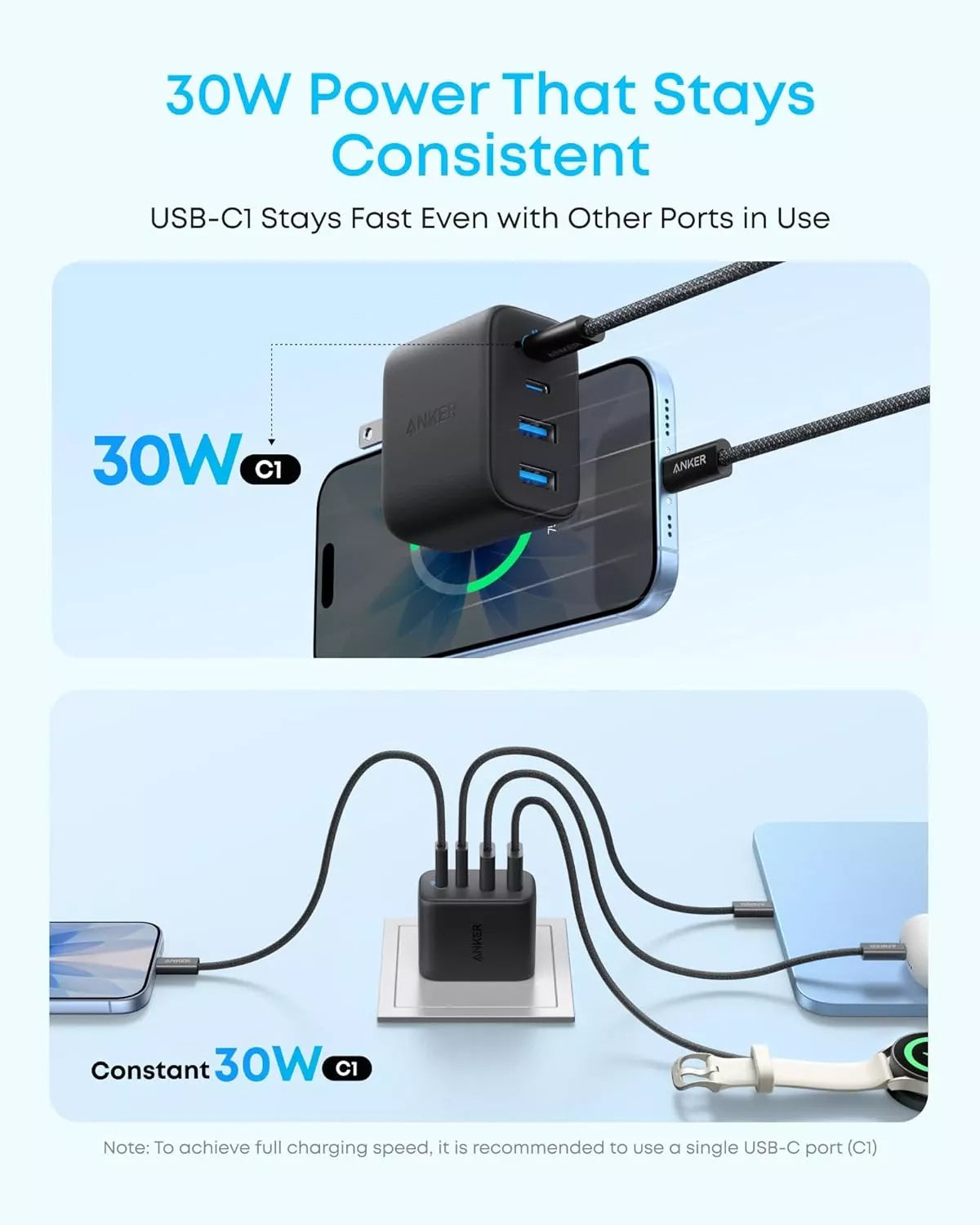 Anker Zolo Netlader, 50W, 3A, 2 x USB-A - 2 x USB-C, Zwart A121EG11