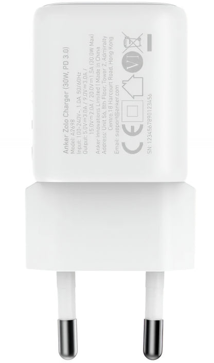 Anker Zolo Netwerkoplader, 30W, 3A, 1 x USB-C, Wit A2698G21