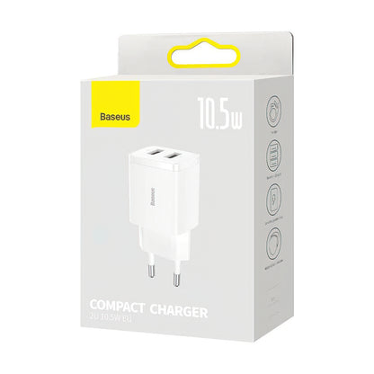 Baseus Compact Netwerkoplader, 10.5W, 2.1A, 2 x USB-A, Wit CCXJ010202