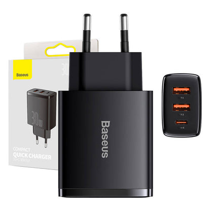 Baseus Compact Netwerkoplader, 30W, 3A, 1 x USB-C - 2 x USB-A, Zwart CCXJ-E01