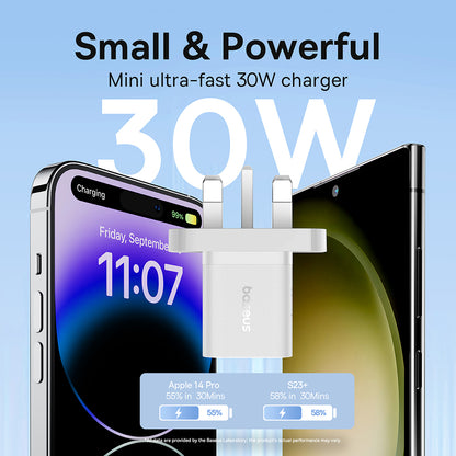 Baseus GaN5 UK Network Charger, 30W, 3A, 1 x USB-C, White P10110906213-00