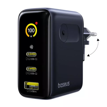 Baseus PicoGo AE21 Display Netvoeding, 100W, 5A, 1 x USB-A - 2 x USB-C, Zwart E0121B00