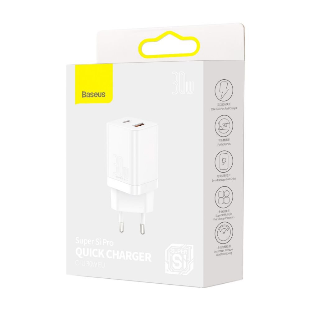 Baseus Super Si Pro Network Charger, 30W, 3A, 1 x USB-A - 1 x USB-C, White CCSUPP-E02