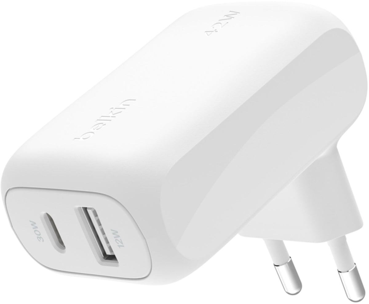Belkin BoostCharge Dual Netlader, 42W, 3A, 1 x USB-A - 1 x USB-C, Wit WCB009vfWH