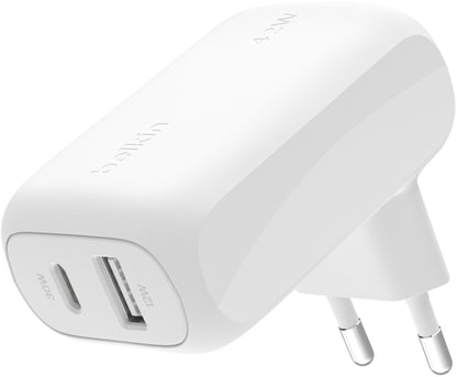 Belkin BoostCharge Dual Netlader, 42W, 3A, 1 x USB-A - 1 x USB-C, Wit WCB009vfWH