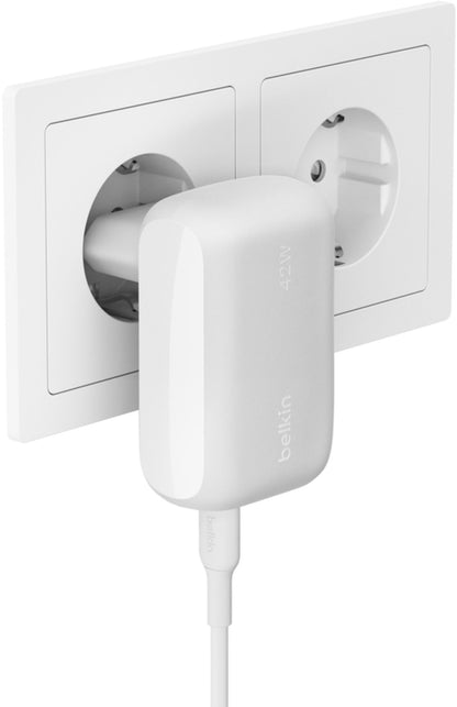 Belkin BoostCharge Dual Netlader, 42W, 3A, 1 x USB-A - 1 x USB-C, Wit WCB009vfWH