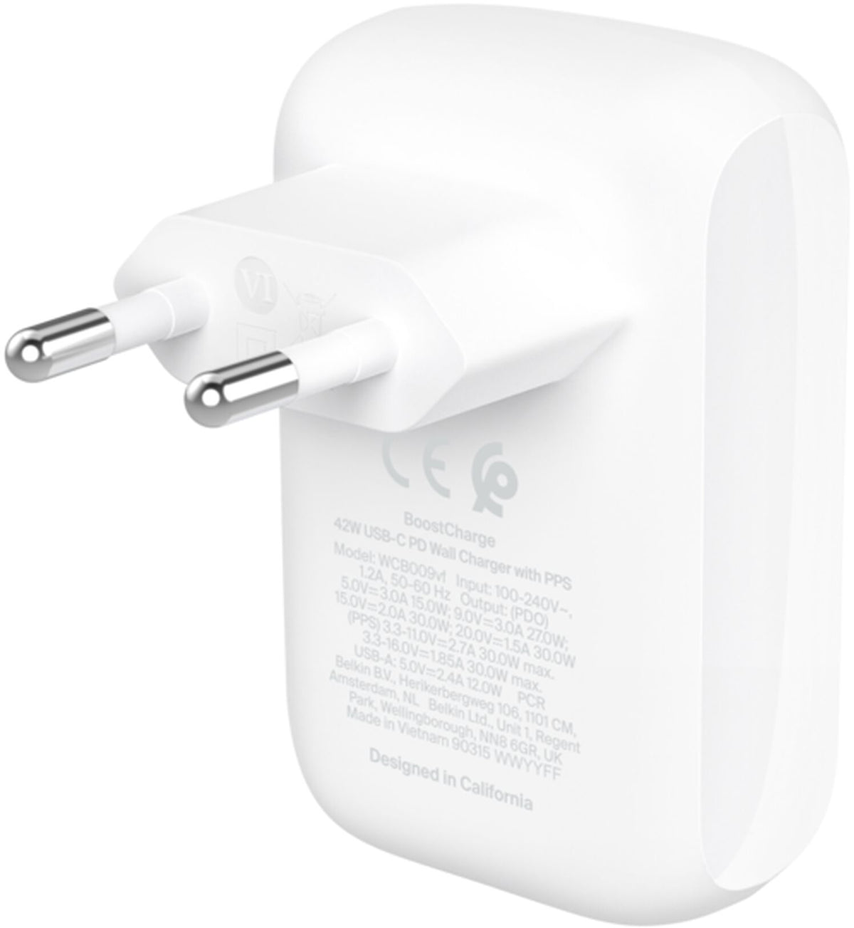 Belkin BoostCharge Dual Netlader, 42W, 3A, 1 x USB-A - 1 x USB-C, Wit WCB009vfWH