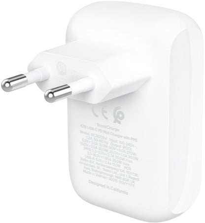 Belkin BoostCharge Dual Netlader, 42W, 3A, 1 x USB-A - 1 x USB-C, Wit WCB009vfWH