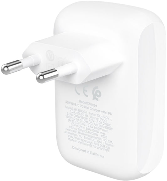 Belkin BoostCharge Dual Wall Charger, 42W, 3A, 1 x USB-A - 1 x USB-C, White WCB009vfWH