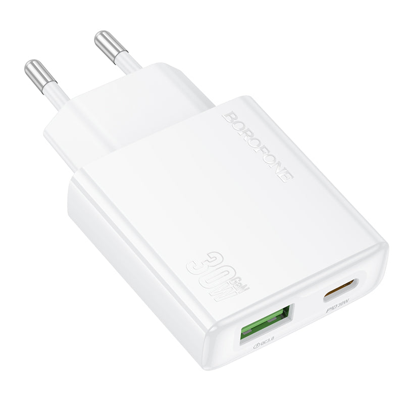 Borofone BN25 Wish Power Adapter, 30W, 3A, 1 x USB-A - 1 x USB-C, White