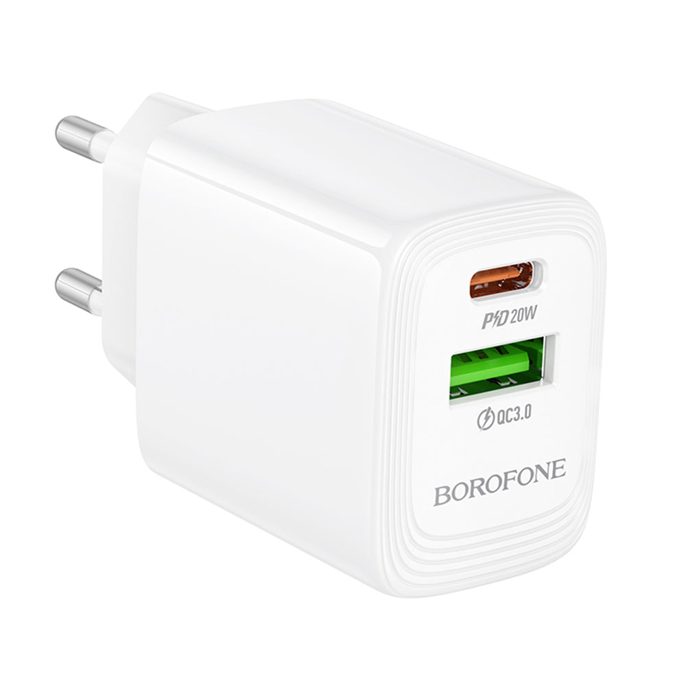 Borofone BN27 Fuente Netwerkoplader, 20W, 3A, 1 x USB-A - 1 x USB-C, Wit