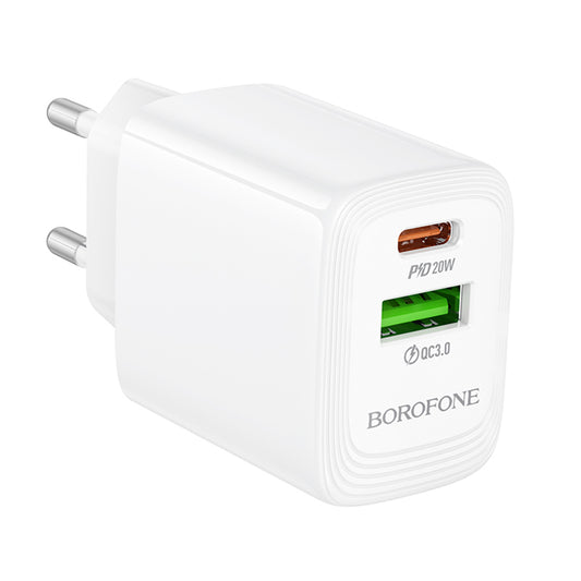 Borofone BN27 Fuente Netwerkoplader, 20W, 3A, 1 x USB-A - 1 x USB-C, Wit