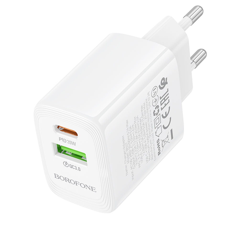 Borofone BN27 Fuente Netwerkoplader, 20W, 3A, 1 x USB-A - 1 x USB-C, Wit