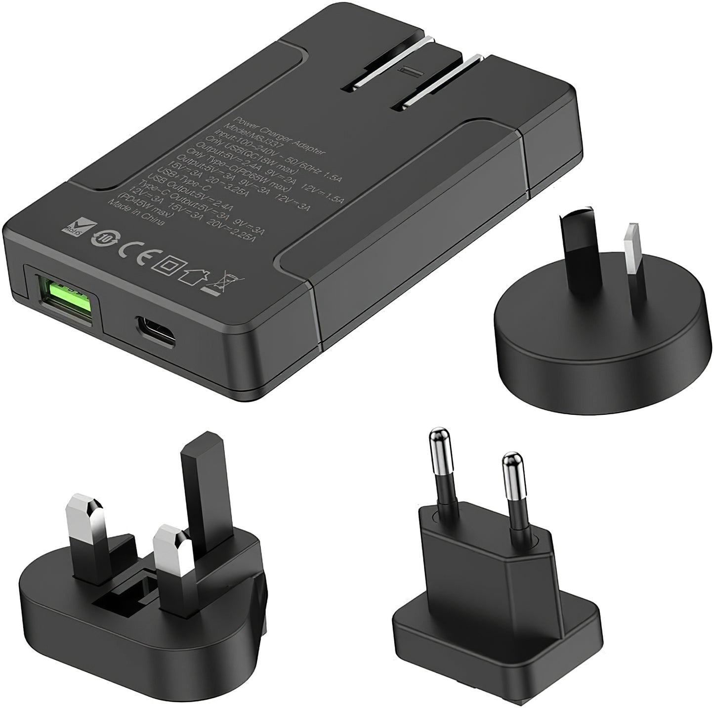 Budi Netwerkoplader, 65W, 3A, 1 x USB-A - 1 x USB-C, Zwart, Gereviseerd 