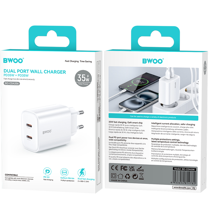 BWOO CDA206 Netlader, 35W, 3A, 2 x USB-C, Wit