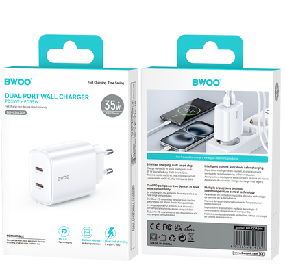 BWOO CDA206 Netlader, 35W, 3A, 2 x USB-C, Wit