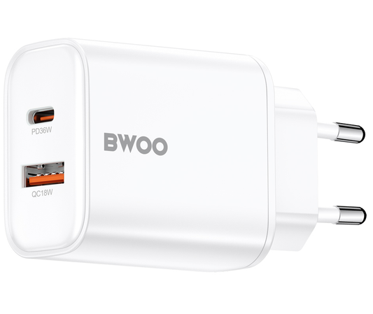 Netwerkoplader BWOO CDA207, 36W, 3A, 1 x USB-A - 1 x USB-C, Wit