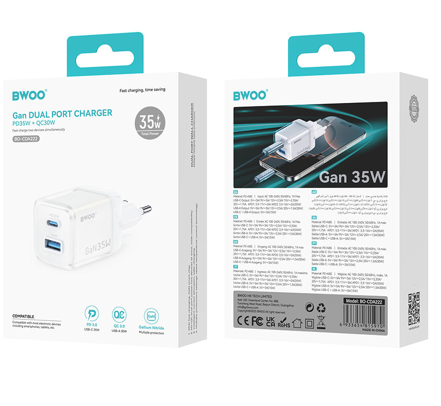 Netwerkoplader BWOO CDA222, 35W, 3A, 1 x USB-A - 1 x USB-C, Wit