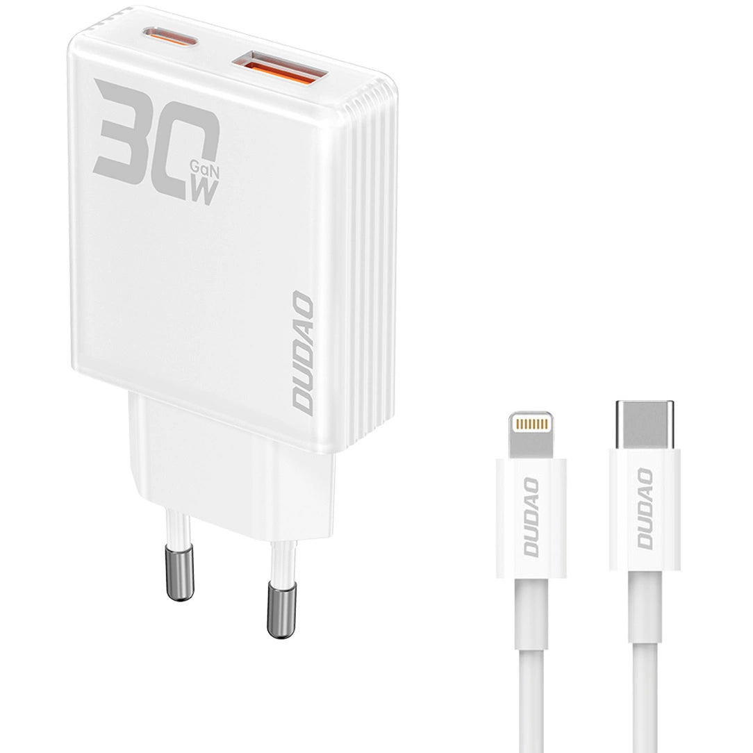 Dudao A30EUL Netwerkoplader met Lightning-kabel, 30 W, 3 A, 1 x USB-A - 1 x USB-C, Wit 