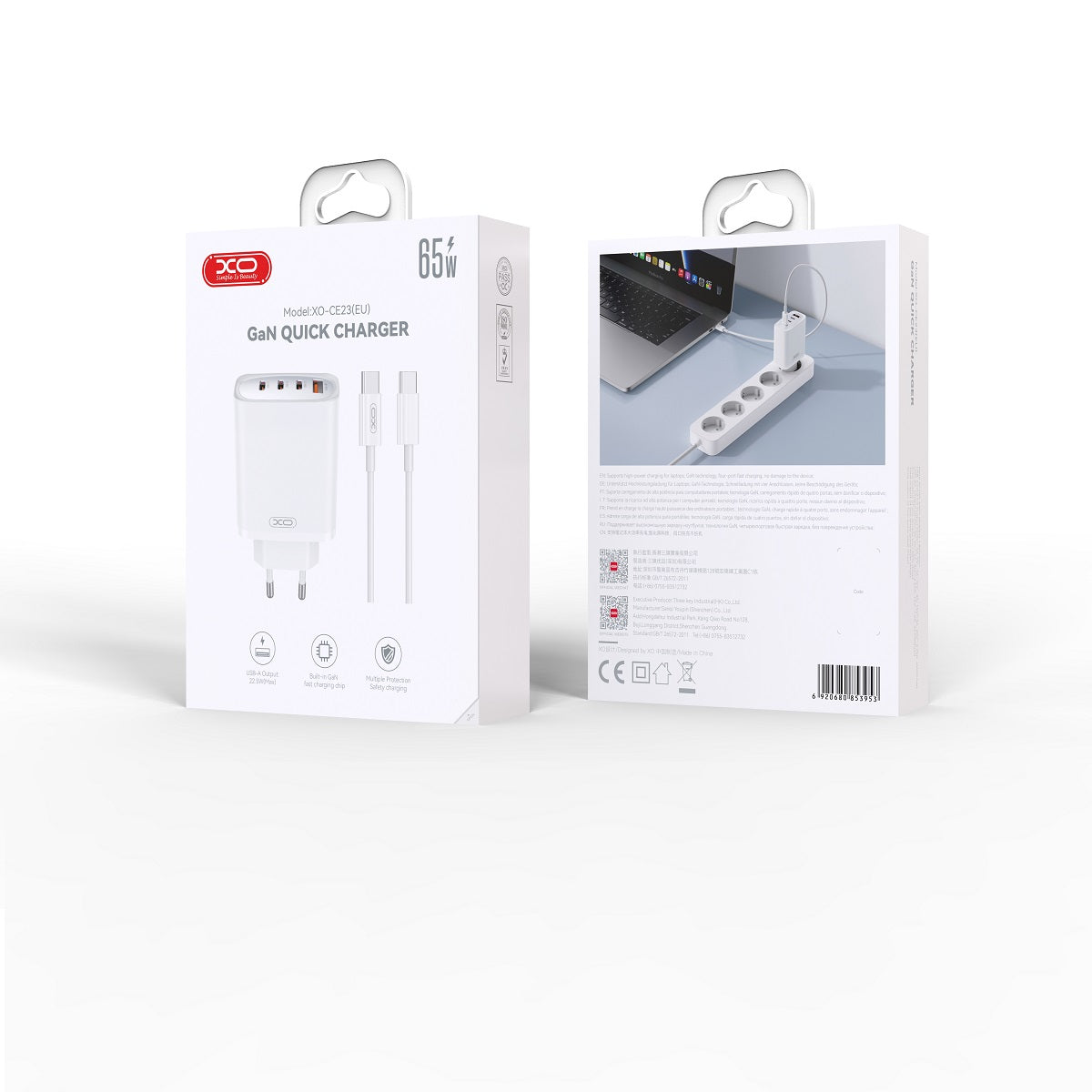 Netwerkoplader met USB-C kabel XO Design CE23, 65W, 3,25A, 1 x USB-A - 3 x USB-C, Wit 