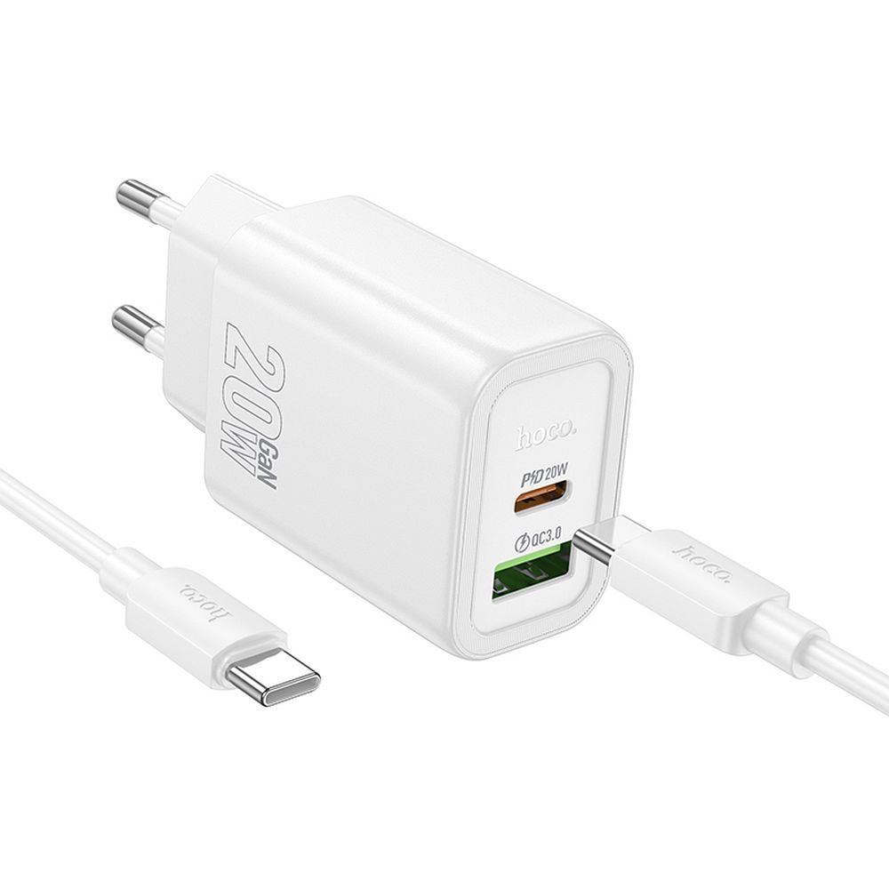 Netwerkoplader met USB-C Kabel HOCO N61, 20W, 3A, 1 x USB-A - 1 x USB-C, Wit