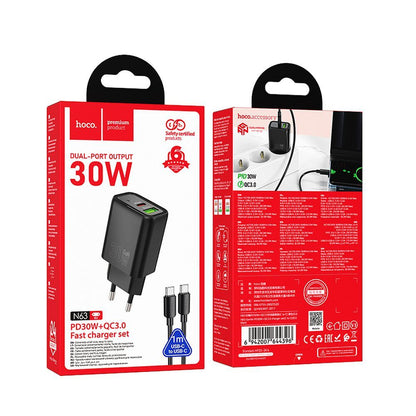 Netwerkoplader met USB-C Kabel HOCO N63, 30W, 3A, 1 x USB-A - 1 x USB-C, Zwart