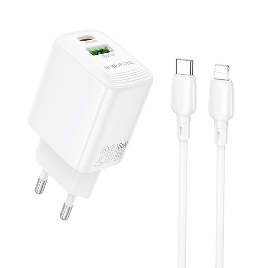 Netwerkoplader met Lightning-kabel Borofone BN27 Fuente, 20W, 3A, 1 x USB-A - 1 x USB-C, Wit