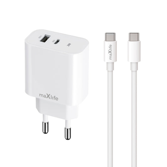 Network Charger with USB-C Cable MaXlife MXTC-06-20AC, 20W, 3A, 1 x USB-A - 1 x USB-C, White