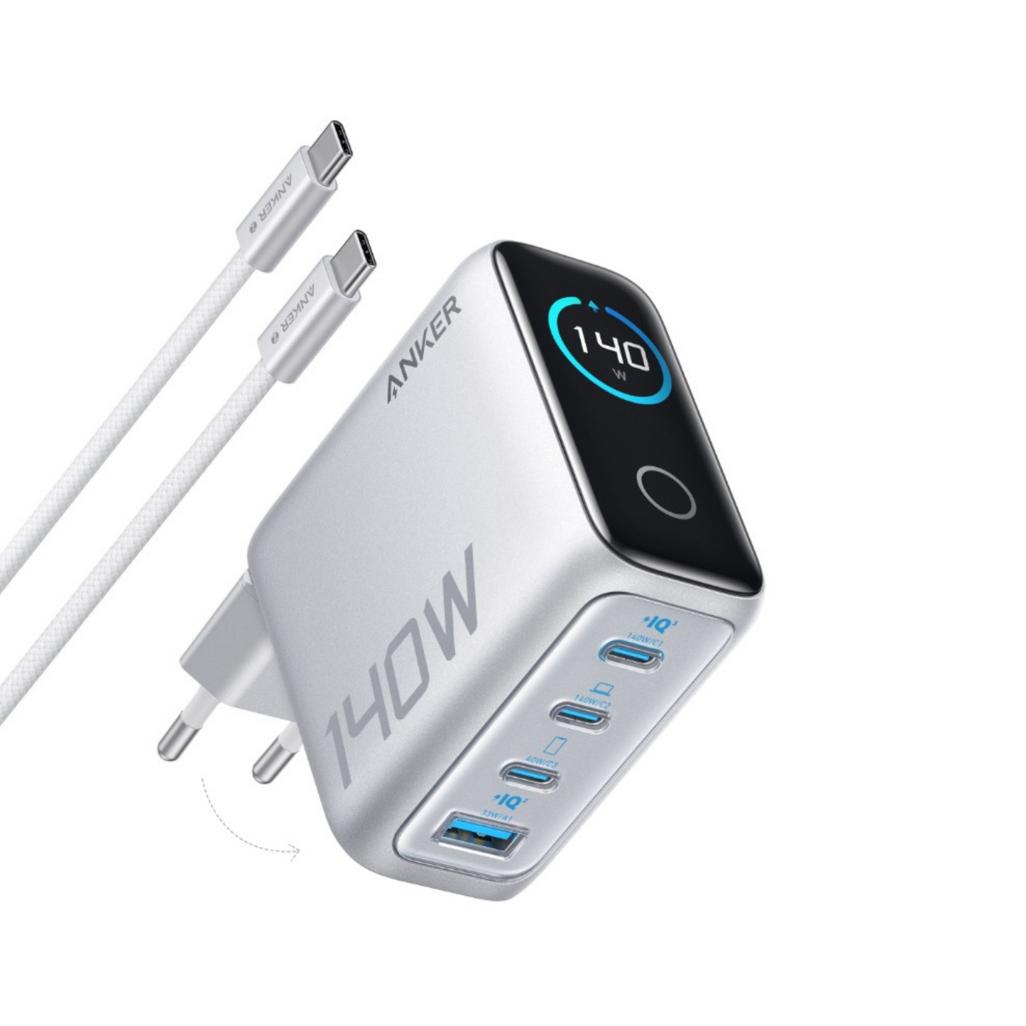 Netwerkoplader met USB-C Kabel Anker Zolo, 140W, 5A, 1 x USB-A - 3 x USB-C, Zilver B2697G41