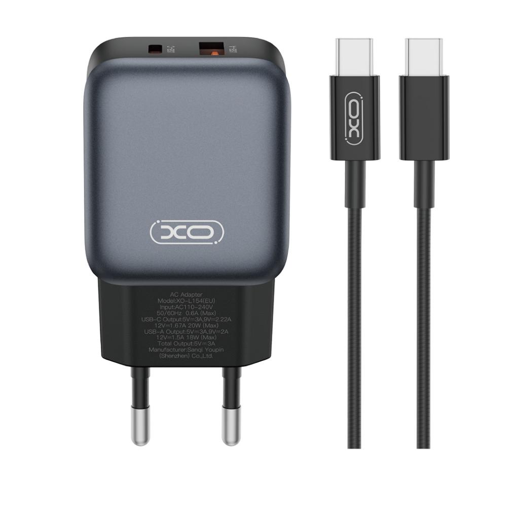 Netwerkoplader met USB-C Kabel XO Design L154, 20W, 3A, 1 x USB-A - 1 x USB-C, Zwart