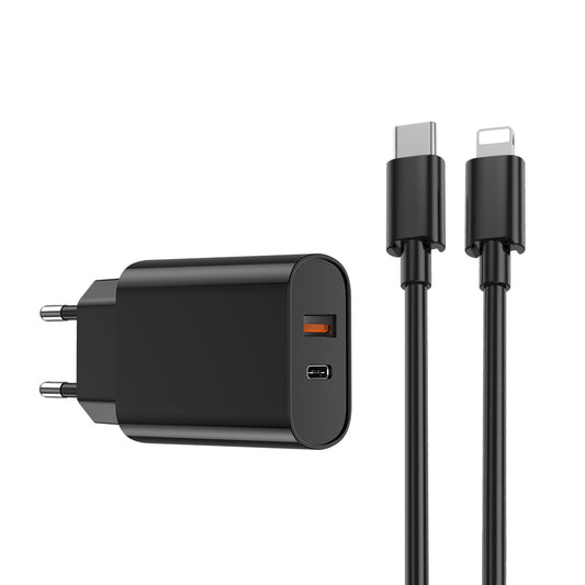 Netwerkoplader met Lightning Kabel WiWu Wi-U002, 20W, 3A, 1 x USB-A - 1 x USB-C, Zwart