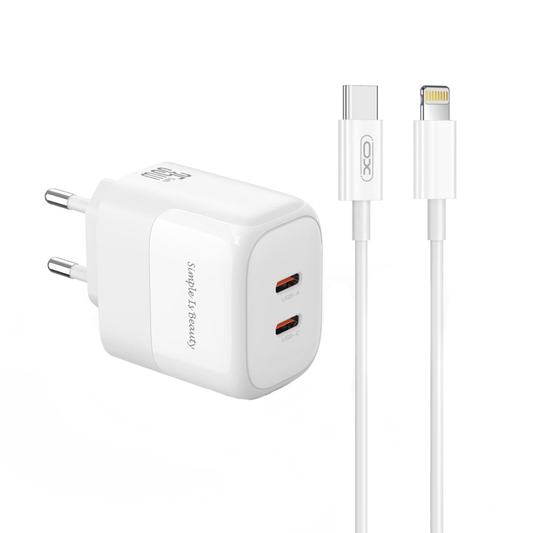 Netwerkoplader met Lightning-kabel XO Design L140, 35W, 3A, 2 x USB-C, Wit