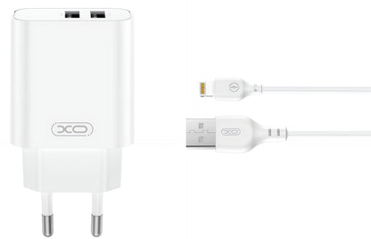 Netwerkoplader met Lightning Kabel XO Design CE34, 12W, 2.4A, 2 x USB-A, Wit