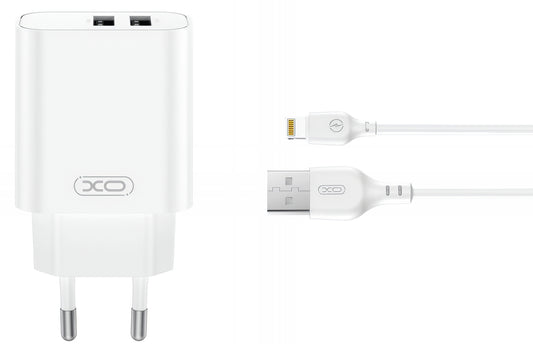Netwerkoplader met Lightning Kabel XO Design CE34, 12W, 2.4A, 2 x USB-A, Wit