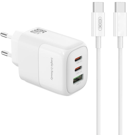 Network Charger with USB-C Cable XO Design L139, 65W, 4.5A, 1 x USB-A - 2 x USB-C, White