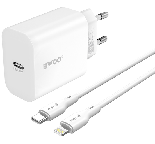 Netwerkoplader met Lightning-kabel BWOO CDA233, 20W, 3A, 1 x USB-C, Wit