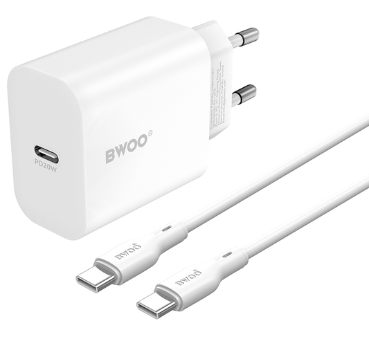 Netwerkoplader met USB-C Kabel BWOO CDA233, 20W, 3A, 1 x USB-C, Wit